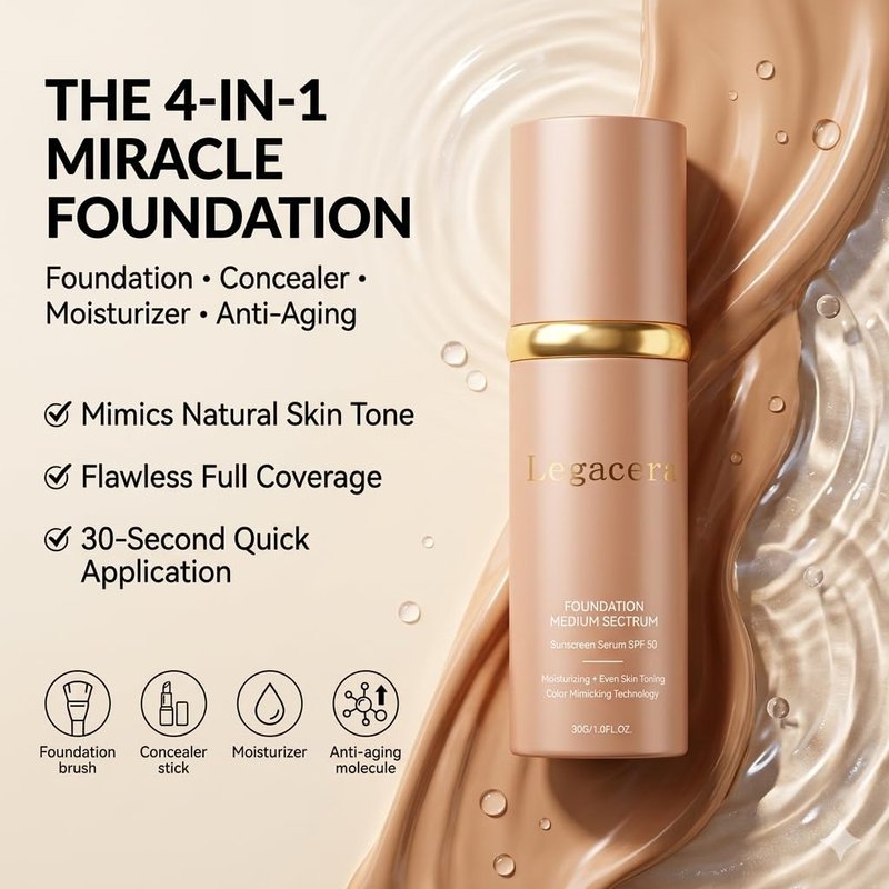 Official Legacera Foundation for Mature Skin, 4-in-1 Foundation - Longwear Match, Hydrating Full Coverage, Long-Lasting & Waterproof, for all Skin Types