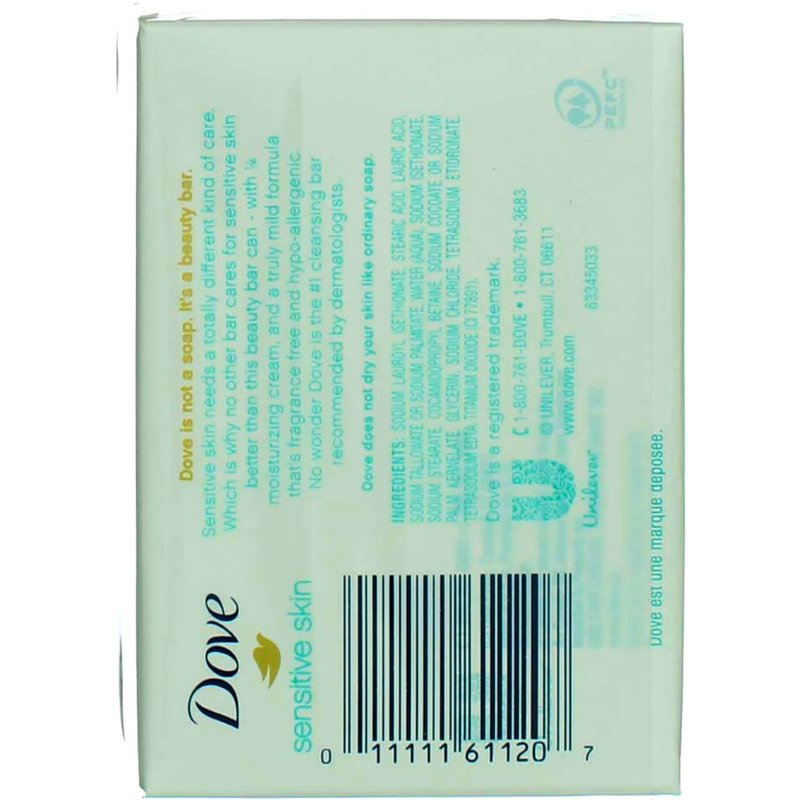 Dove Sensitive Skin Beauty Bar - Unscented Hypo-Allergenic Formula | 4 oz, Pack of 6 Bars