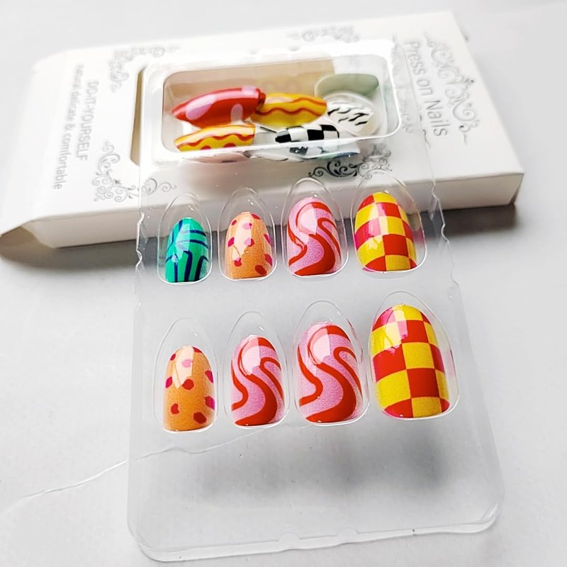 Dopamine Colorful Press on Nails Short CEWEWP Almond Fake Nails with Checkered Striped Design Cute Geometric Irregularity Acrylic Stick on Nails Summer Glossy Full Cover Glue on Nails for Women 24Pcs