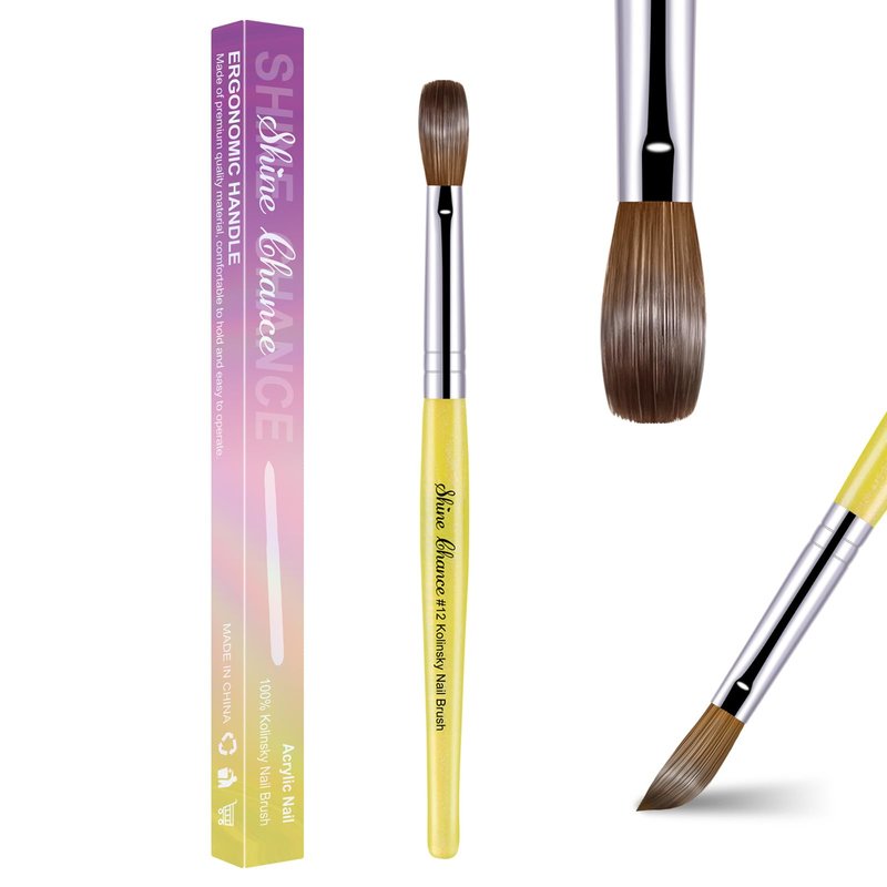 Acrylic Nail Brush Size 12, 100% Pure Kolinsky Nail Brush for Acrylic Application, Professional Nail Extension Manicure Tool Nail Drawing Pen for DIY Home Salon(Yellow)