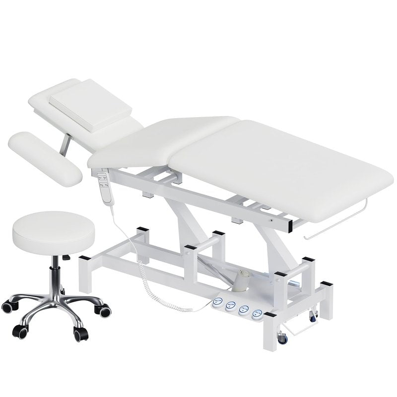 2-Motor Electric Massage Treatment Table w/ Wheels, 3-Section Angle & Height Adjustable, Professional Spa Esthetician Bed for Facial, Tattoo, Waxing, Physical Therapy & Medical Exam Table w/ Stool