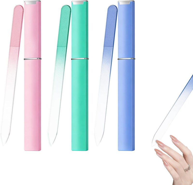 Skiennix Czech Glass Nail File Set - 3PCS Double-Sided Files with Cases for Professional Manicure (Light Green, Blue, Pink)