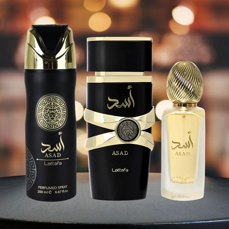 Lattafa Asad Eau De Parfum Spray - 100ML, Hair Mist - 50ML, Perfumed Spray 200ML | Gift Set