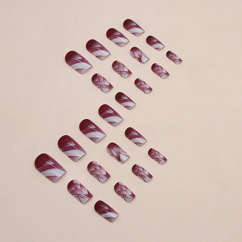 Press on Nails Medium Length Wine Red Square False Nails Lines Grids Design Charm Fake Nails Artificial Acrylic Nails Full Cover Glossy Reusable Coffin Nails Glue on Nails for Women Supplies 24Pcs
