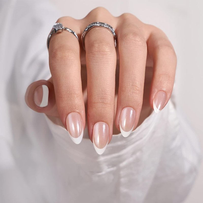 BTArtbox French Tip Press On Nails - Medium White Almond Reusable Stick On Nails | 30 Soft Gel Nail Kit in 15 Sizes for Women