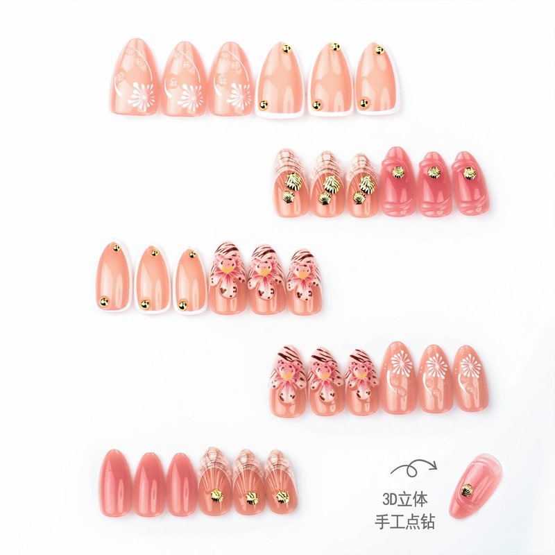 Skiennix Handmade Press-On Nails - Medium Almond 3D Leopard Print French Tip | 30PCS Nude Pink Set