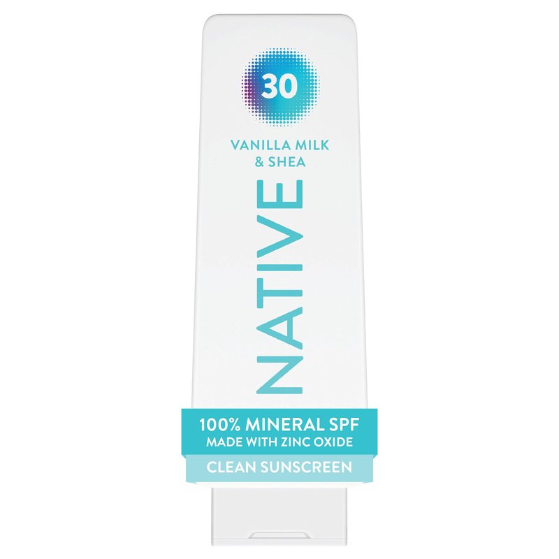 Native Mineral Sunscreen Lotion SPF 30, Vanilla Milk & Shea Scent, with 100% Mineral Zinc Oxide for Face & Body, Hawaii Compliant, Vegan, No White Cast - 7 oz