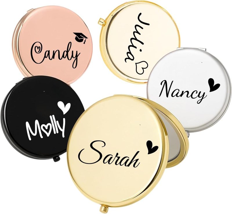 Personalized Compact Travel Mirror with Name and Heart, 2x/1x Magnifying Portable Mirror, Small Cosmetic Makeup Mirror Gift for Bridesmaid, Maid of Honor, Mom