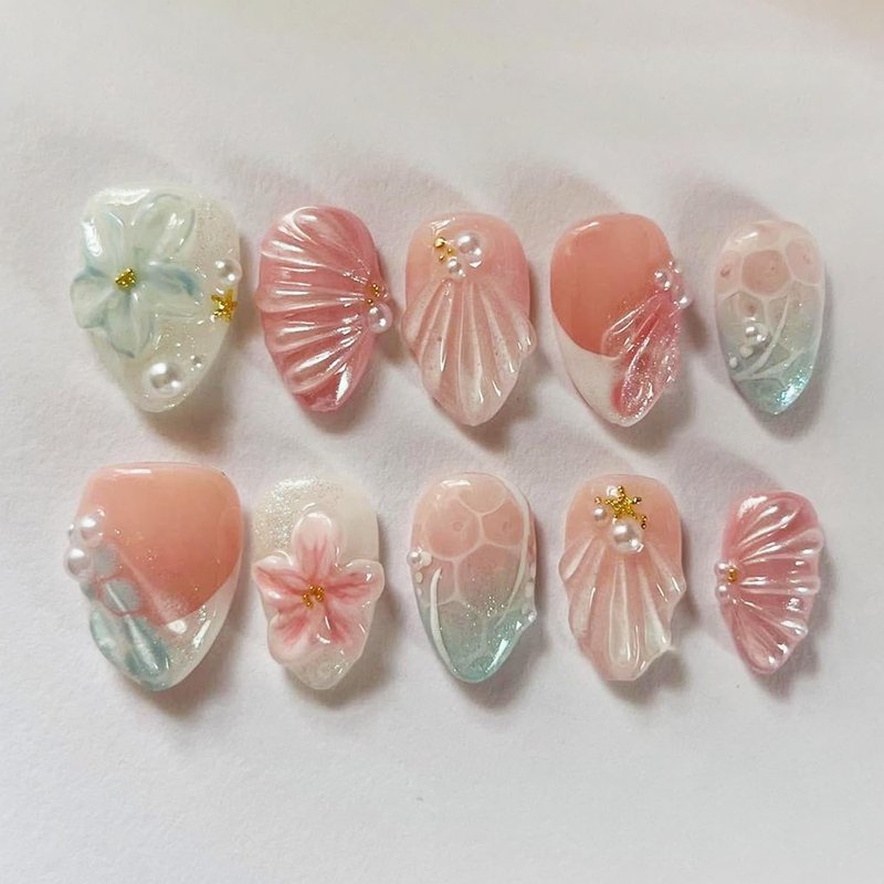 24Pcs Cute Summer Press on Nails Short Almond French Tip Fake Nails with 3D Starfish & Pearl, Glitter Ocean Acrylic Nails Pink Blue Gradient Glossy Reusable Stick On Nails for Women Beach Vacation