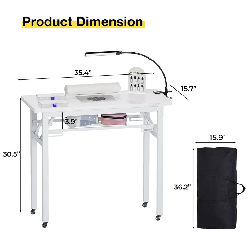 Portable & Foldable Manicure Table w/Dust Collector, Rolling Nail Tech Desk w/LED Light Lamp, Wrist Cushion, Lockable Wheels, Carrying Case, for Home Travel Beauty Salon Workstation (Marble White)