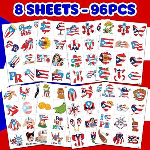 96 PCS Puerto Rico PR Puerto Rican Flag Pre-Cut Temporary Tattoos for Kids | Super Cute Themed Birthday Party Favors, Supplies, Decorations, Fake Tattoo Stickers (multiple)