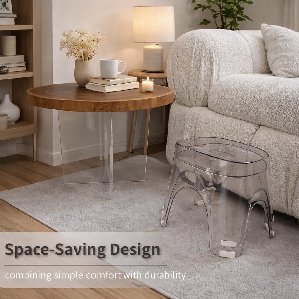 ZORAVIVE Acrylic Small Shower Stool for Inside Shower - Waterproof Bathroom Stool Clear Shower Stool for Shaving Legs, Corner Round Stool with Anti-Slip for Small Spaces, 300 lb, Tool-Free Assembly
