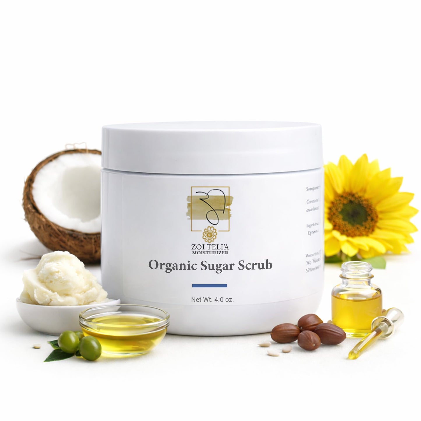 Zoi Telia Organic Sugar Body Scrub with Shea Butter, Olive, Jojoba & Sunflower Oil for Dry, Dull & Sensitive Skin - Nourishing, Soft and Glowing Skin Formula for Women and Men - 4 Oz - Pack of 1