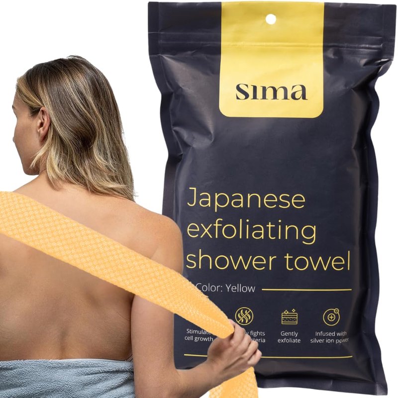 Exfoliating Washcloth Face & Body Scrub Towel - Japanese Exfoliating Towel with Hexagon Fibers, Body Scrubber with 2 Sides for Scrubbing & Washing, Extra Long Towels (Yellow, 3 Pack)