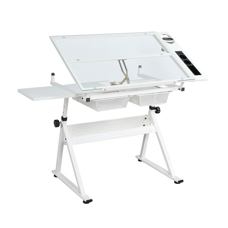 MegaChoice Drafting Table w/Stool, Height Adjustable Multifunctional Art Craft Artists Desk, Tilting Glass Tabletop Diamond Paintings Work Station w/2 Storage Drawers & for Tray Home Office