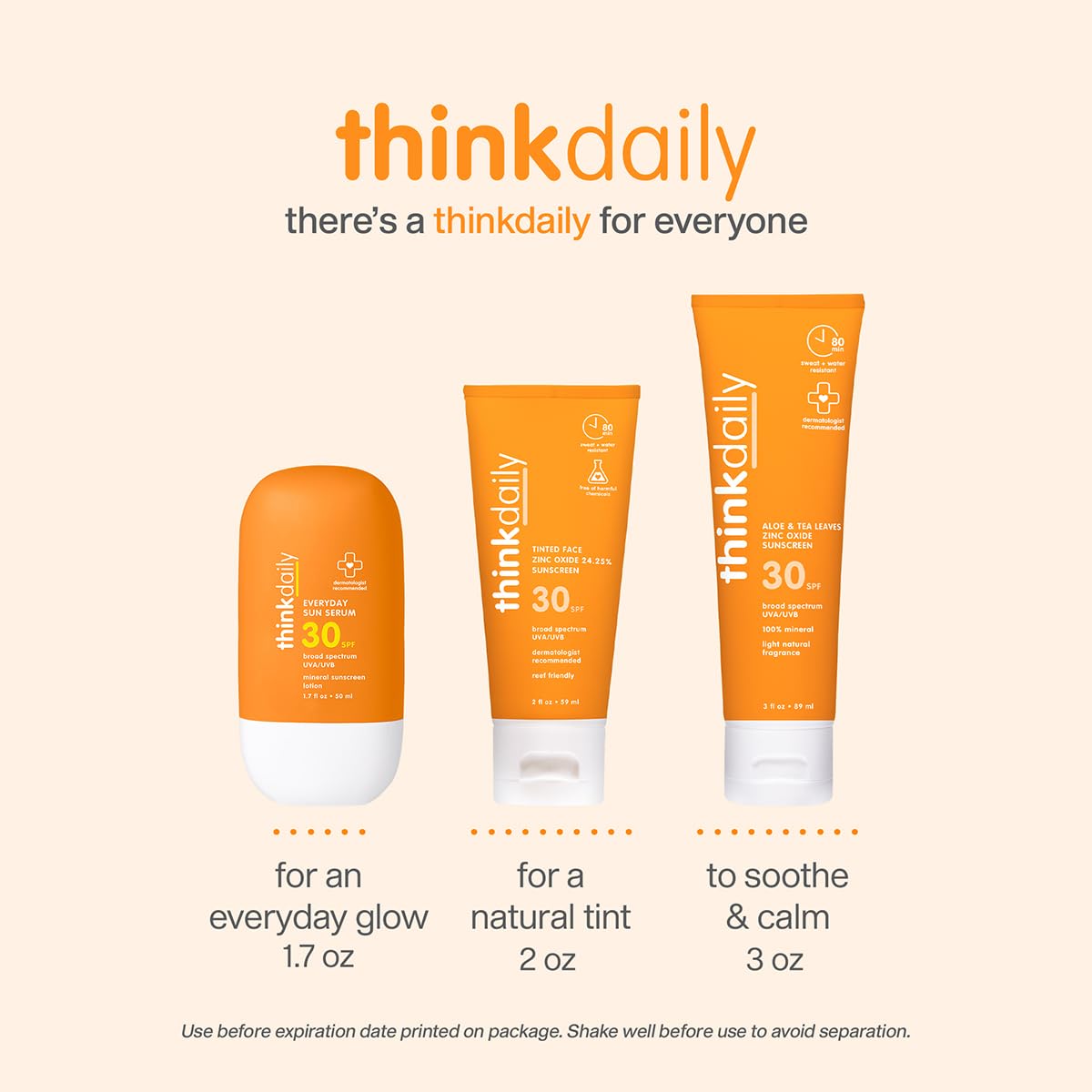 Thinkdaily SPF 30 Face Sunscreen Serum 1.7 oz, Mineral Sunscreen with Non-Nano Zinc Oxide 22%, UVA/UVB Protection, 80-Minute Water & Sweat Resistant, Lightweight Luminous Finish, Reef Friendly