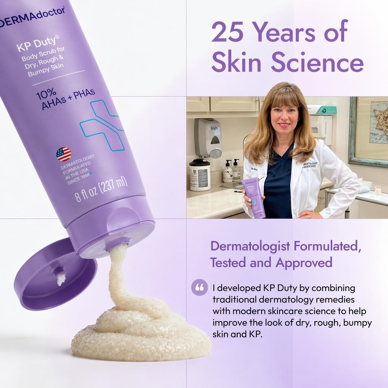 DERMAdoctor KP Bump Eraser Body Scrub with 10% AHAs + PHAs for Keratosis Pilaris, Dry, Rough, and Bumpy Skin, Dermatologist Formulated Exfoliating Body Scrub with Glycolic and Lactic acids - 8 Fl oz