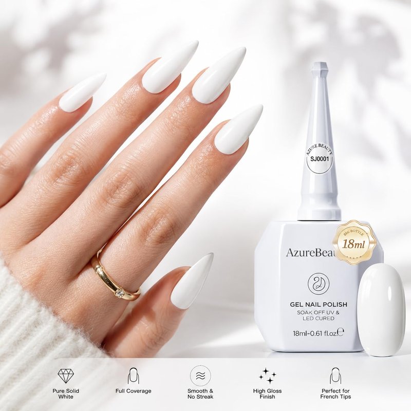 AZUREBEAUTY 18ML White Gel Nail Polish – Pure White Soak Off UV/LED Gel Polish for French Tips, High Gloss Solid White Nail Art Gel for DIY Manicure Salon Use