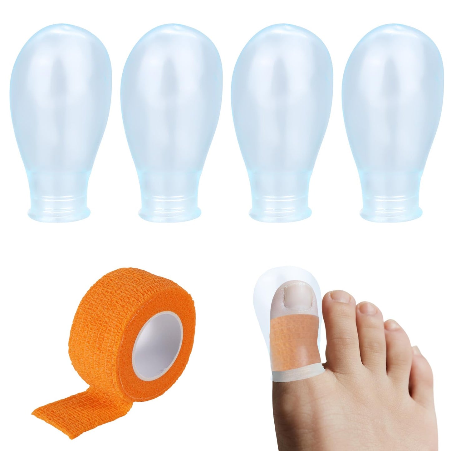 4pcs Waterproof Toe Protector, Reusable Silicone Toe Sleeve with Nursing Bandage for Shower Swimming Pedicure Manicure Nail Soaking & Wound Protection