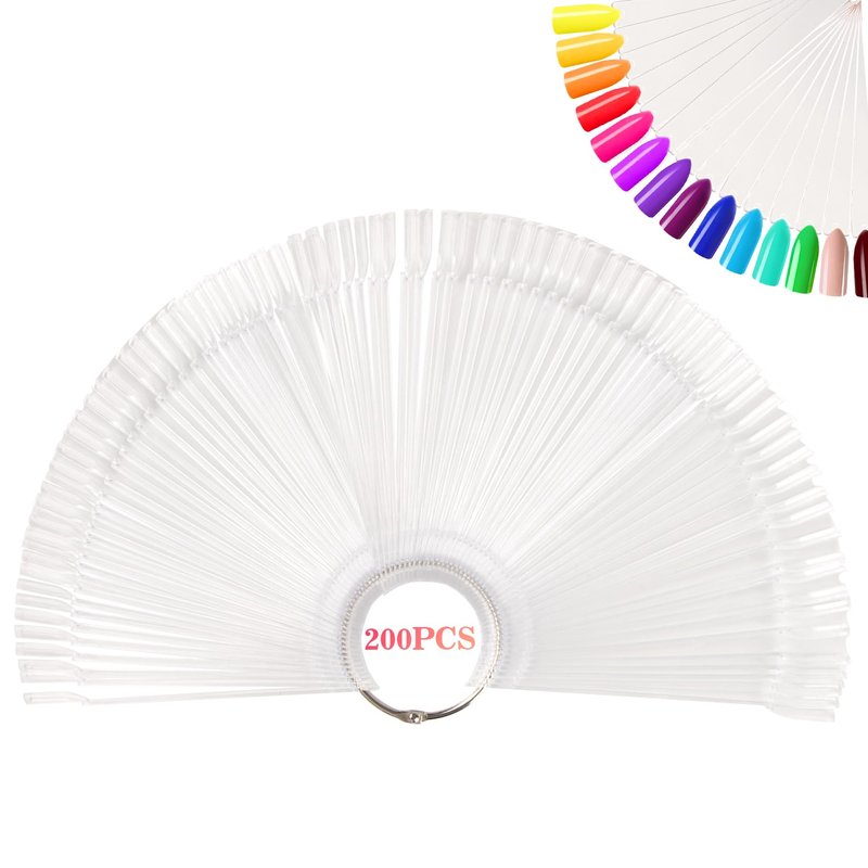 RAQEHO 200PCS Nail Swatch Sticks - Clear Nail Color Swatches with Ring Acrylic Fan Shape Nail Polish Sample Swatches Nail Practice Stick Gel Polish Display Stick for Technician Beginner Home Salon Use
