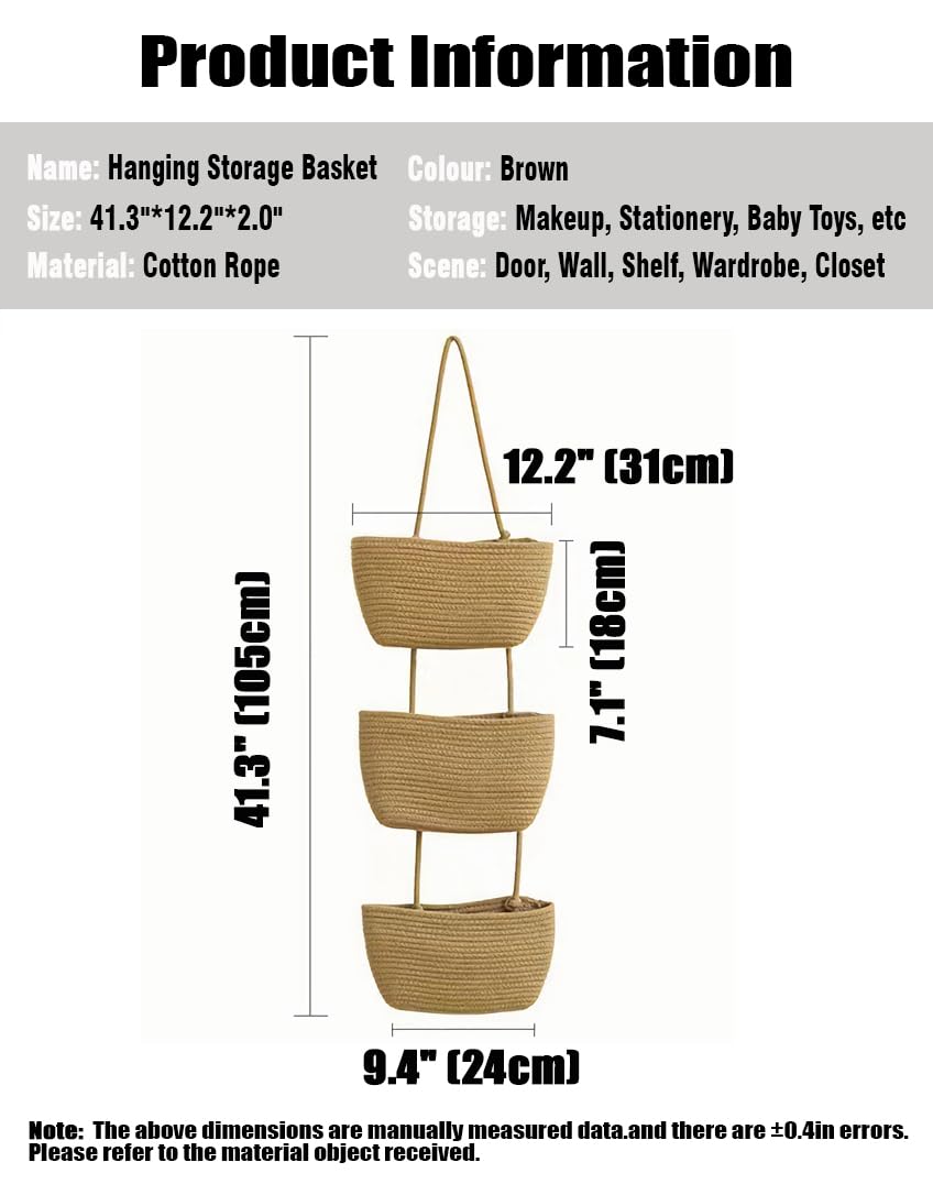 AARAINBOW Wall Hanging Cotton Baskets - Large 3 Tier Decorative Baskets for Wall, Nursery, Bathroom (B-Brown)