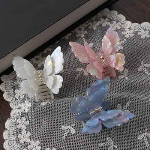 3 Packs Butterfly Hair Clips Acetate Tortoise Shell Non-Slip Jaw Clips 2.5inch, Beautiful Butterfly Hair Accessories for Girls and Women(Mixed color, White, Blue, Pink)