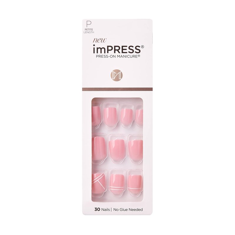 KISS imPRESS No Glue Mani Press On Nails, Design, 'Timeless Day', Pink, Petite Size, Squoval Shape, Includes 30 Nails, Prep Pad, Instructions Sheet, 1 Manicure Stick, 1 Mini File