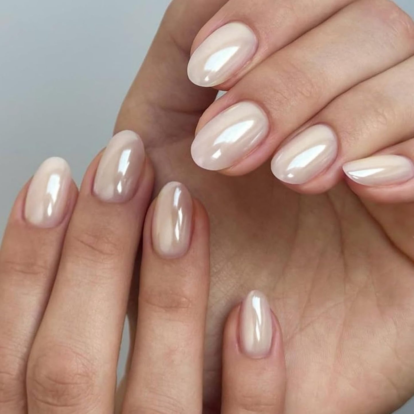 Skiennix Short Oval Press-On Nails | Nude White Shimmer Pearl Finish | 32 Pcs Full Cover Set