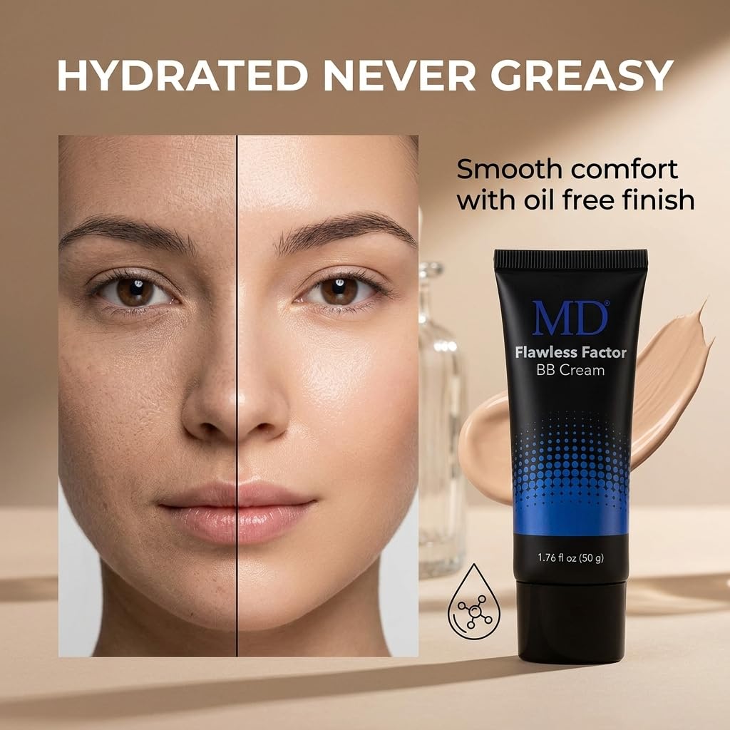 MD Flawless Factor BB Cream Sunscreen for Camera-Ready Skin, Brightening Tinted Moisturizer with SPF 35, Waterproof Beauty Balm, 1.76 fl oz