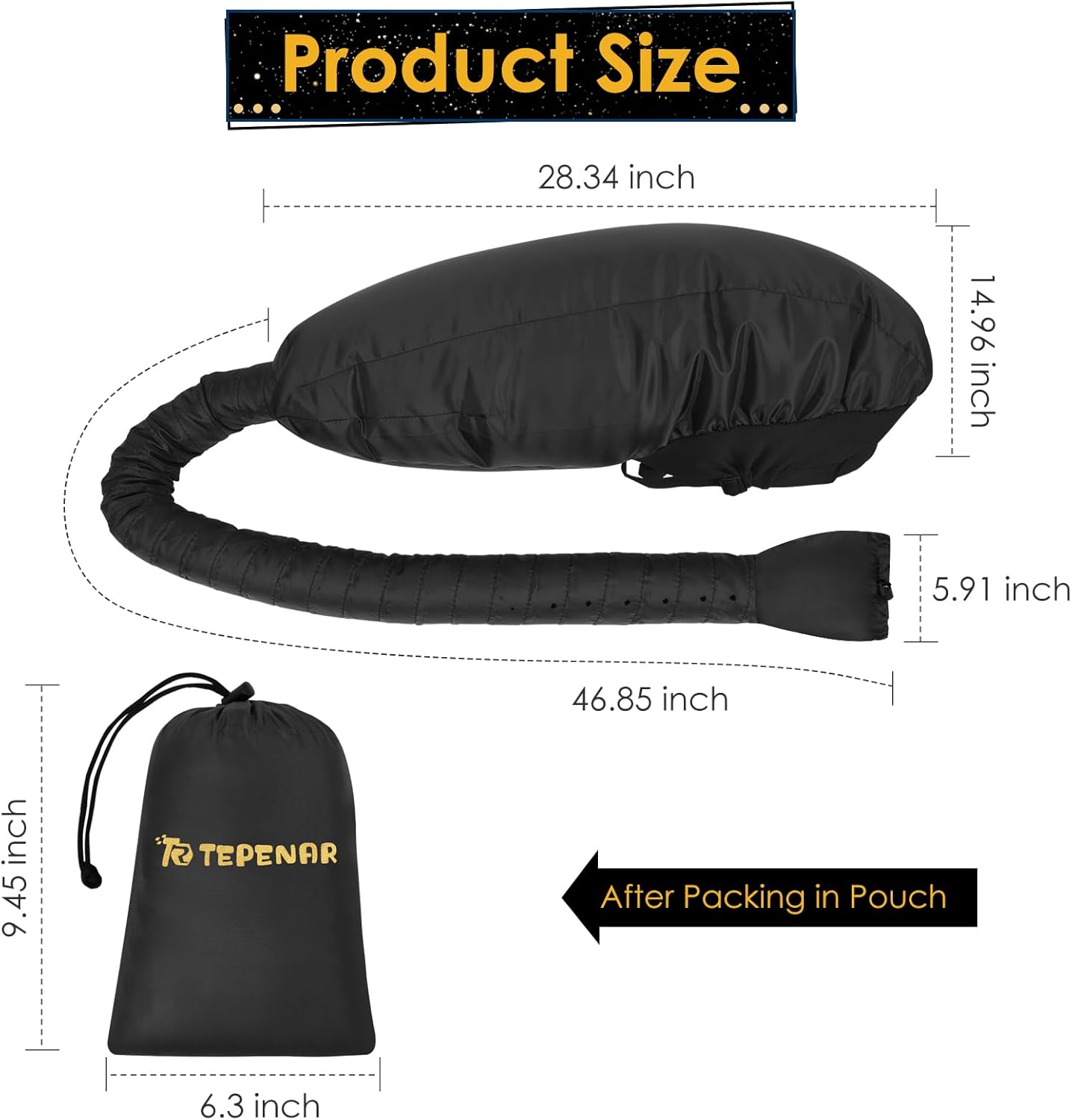 TEPENAR Hair Dryer Bonnet Attachment - Extra Large Adjustable Hooded Cap for Fast Drying Curly Hair - Black