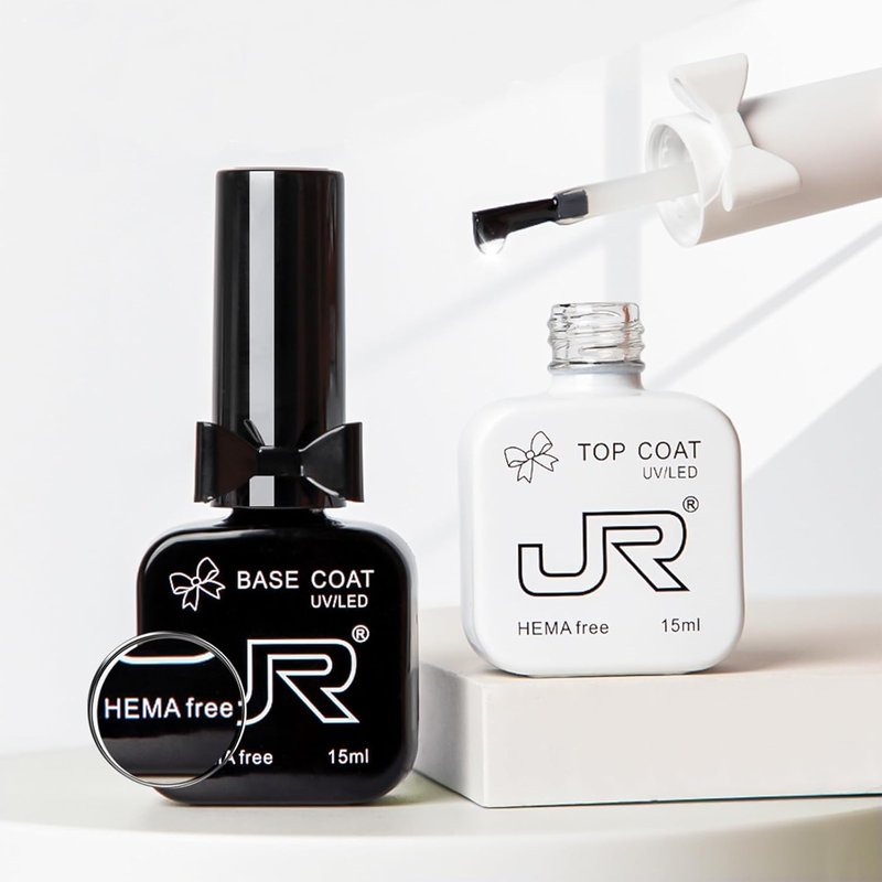 JR No Wipe Gel Top & Base Coat Set - 15ML Long Lasting Formula for High Gloss Nail Art