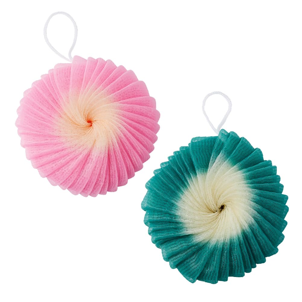 Éclat Mesh Bath Sponge Loofah Ball, Soft Exfoliating Body Scrubber for Wash, Rich-Lather Nylon Net Puff with Quick-Dry Hanging Loop, Gentle Daily Cleanser (Pink/Green, 2Pcs)