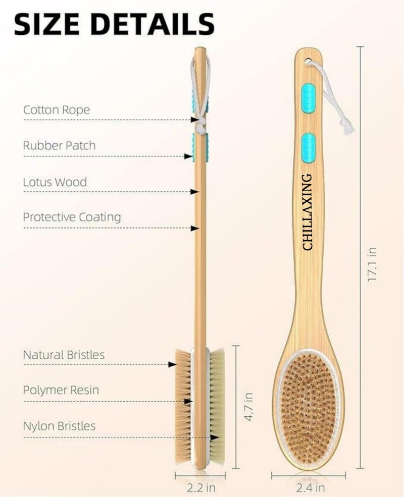Chillaxing Long Handle Shower Brush – Eco-Certified, Eco-Friendly, 100% Vegan & Cruelty-Free, Dual-Sided Soft & Stiff Bristles, Back Scrubber & Body Exfoliator for Wet or Dry Brushing