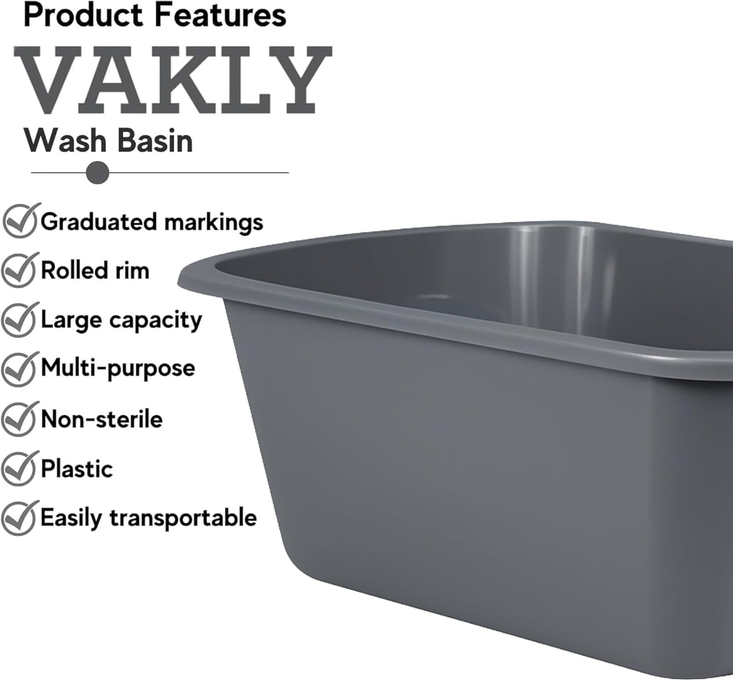 Vakly Wash Basins – Rectangular Plastic Hospital Bedside Soaking Tub (Pack of 5) Small 7 Qt Graduated Bucket - Portable Washbasin for Washing, Cleaning, Foot Bath, Dishes, Face Cleansing Bowl (5)