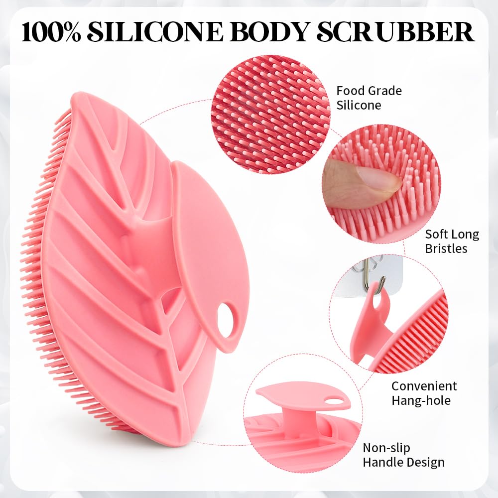 2 Pack Silicone Body Scrubber, Soft Silicone Loofah, Gentle Exfoliating Body Scrubber for Sensitive Skin, Leaf Shaped Shower Scrubbers, Silicone Scrubbers Body Brush for Women Men (Pink & Black)