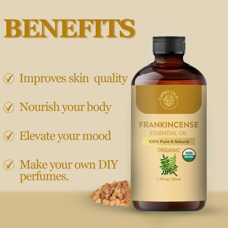 Carno Calm Frankincense Essential Oil | USDA Certified Organic Frankincense Oil | Woody and Earthy Aroma |1.7 fl. Oz