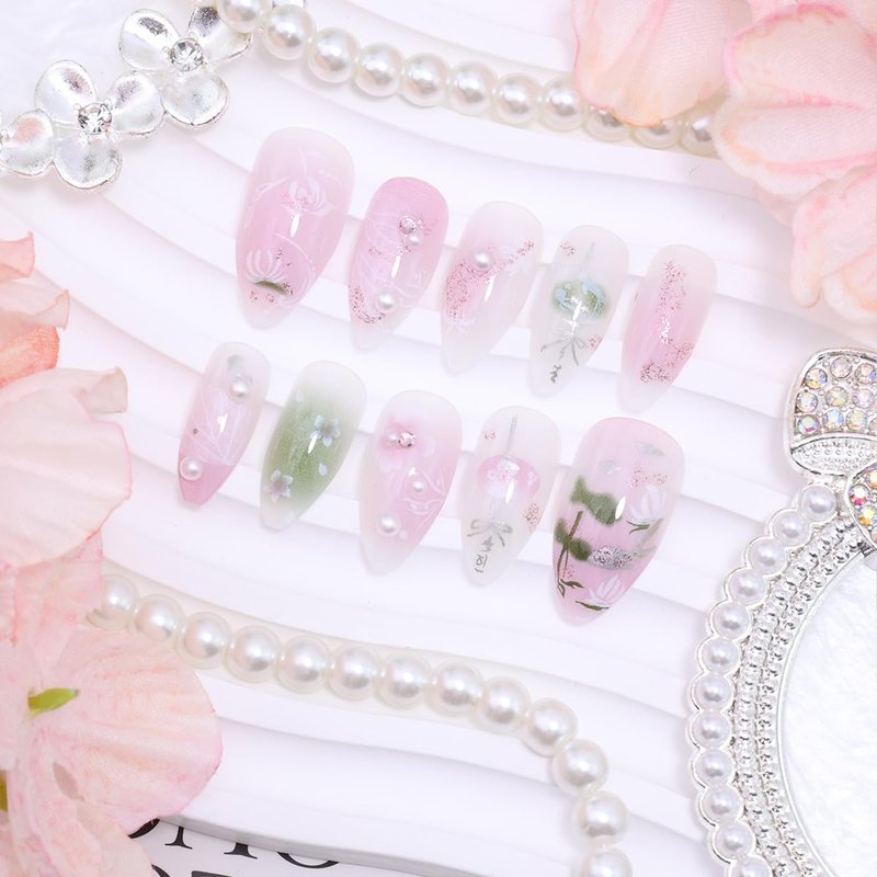 Pink Flower Press-On Nails - Medium Almond Shape with Pearl Design | 24 Pcs Full Cover Spring Fake Nails for Women