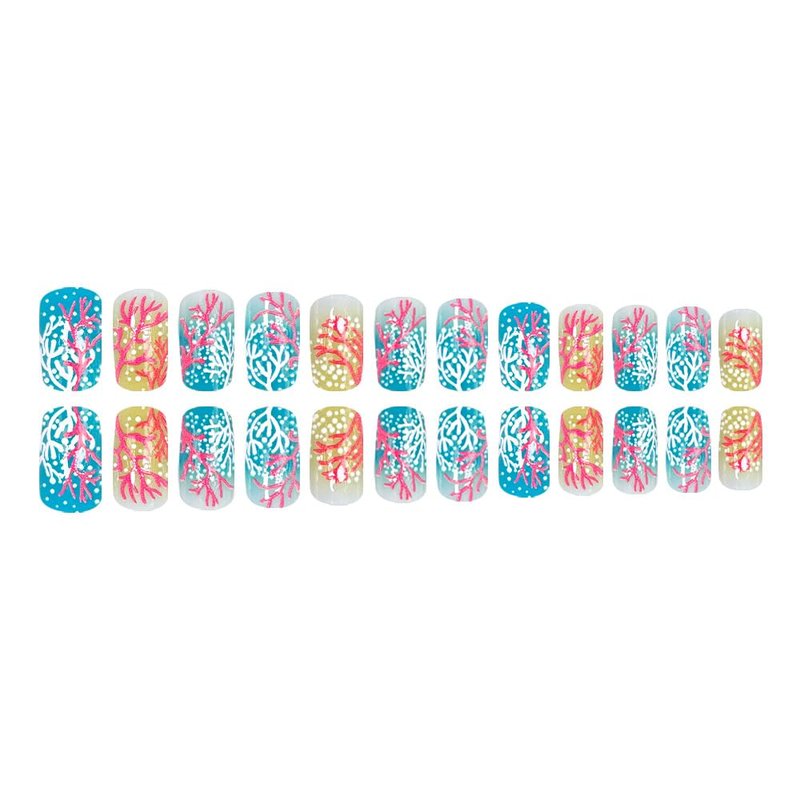 CEWEWP Ocean Press on Nails Medium Square Fake Nails with Red Coral Design Glossy False Nail Summer Acrylic Nails Kit with Jelly Glue Reusable Full Cover Stick on Nails for Women 24Pcs