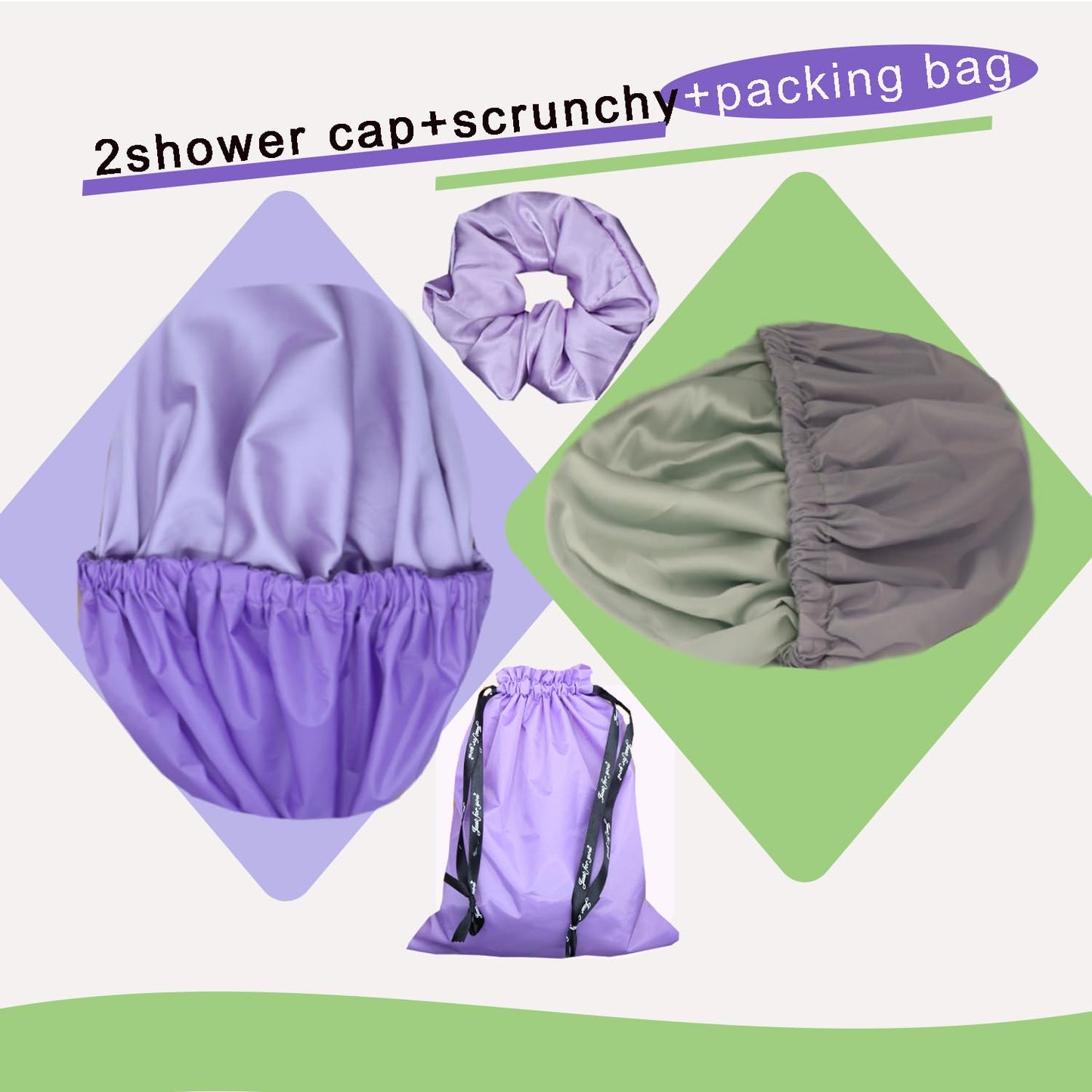 Genergy 2pcs Shower Cap for Women,Including Travel bag and Satin Scrunchy. Frizz-Free Silky Liner, Waterproof Reusable Large Bath Cap for Short and Long Thick Hair, Soft Adjustable Elastic, Non-slip.