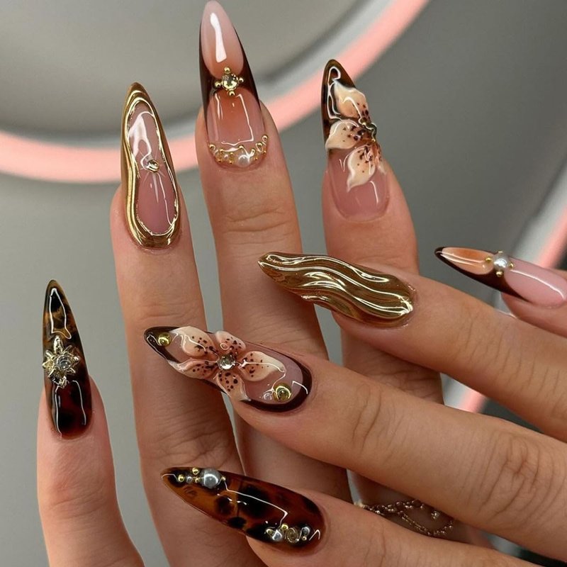 Almond Press-On Nails | Brown Floral Artificial Nails with Gold Charm | 24 Pcs Summer Design