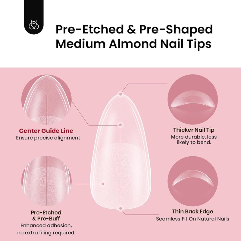 Beetles Medium Almond Gel Nail Tips - 288PCS Matte Clear False Acrylic Nails | 12 Sizes for Easy DIY Salon Use