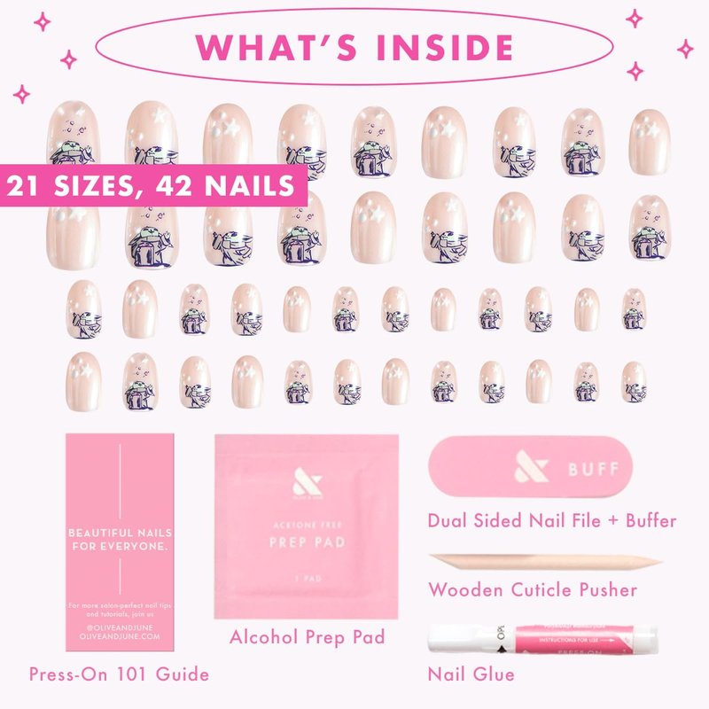 Olive & June Press-On Nails | Star Wars: The Mandalorian & Grogu | 42 Non-Toxic Nails in 21 Sizes | Extra Short Round Nom Nom Orange Chrome, Lasts Up to 14 Days