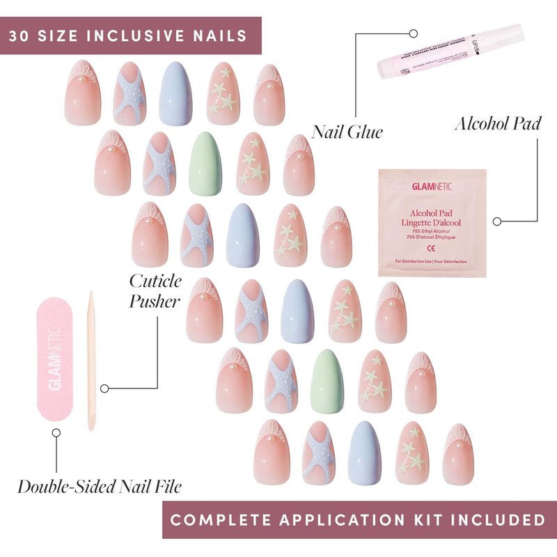 Glamnetic Press On Nails - Salty Waves | Short Almond Starfish 3D Nail Art | 30-Piece Kit with Glue, 15 Sizes Available