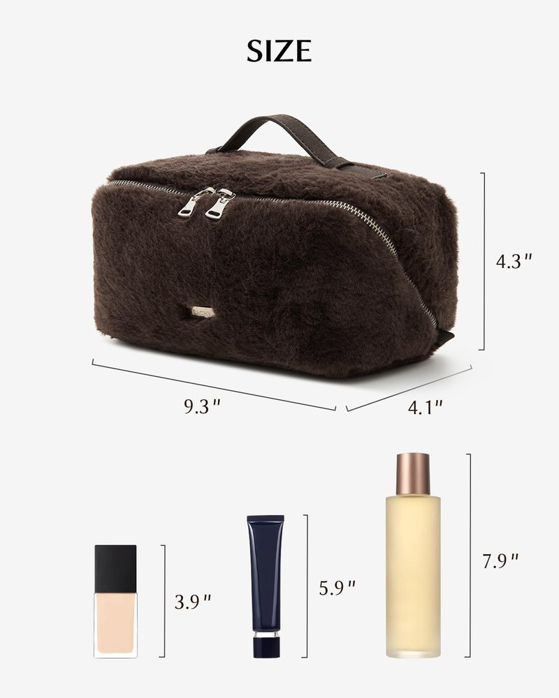 EACHY Travel Makeup Bag,Cute Faux Fur Cosmetic Bag for Women,Portable 180°Wide-Open Flat Make Up Bag,Large Capacity Makeup Pouch Make Up Organizer with Divider and Handle