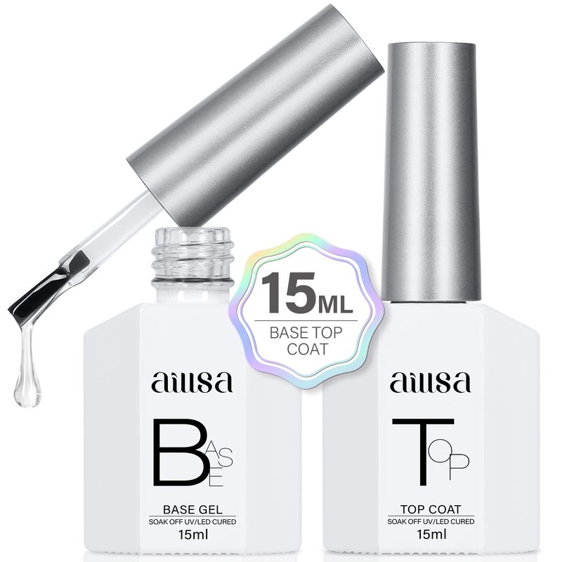 AILLSA Base and Top Coat Gel Nail Polish Top and Base Coat Nail Polish Soak Off Long Lasting Clear Base Gel High Gloss Shine No Wipe Top Coat for DIY Nail Art at Home 0.51 Fl Oz