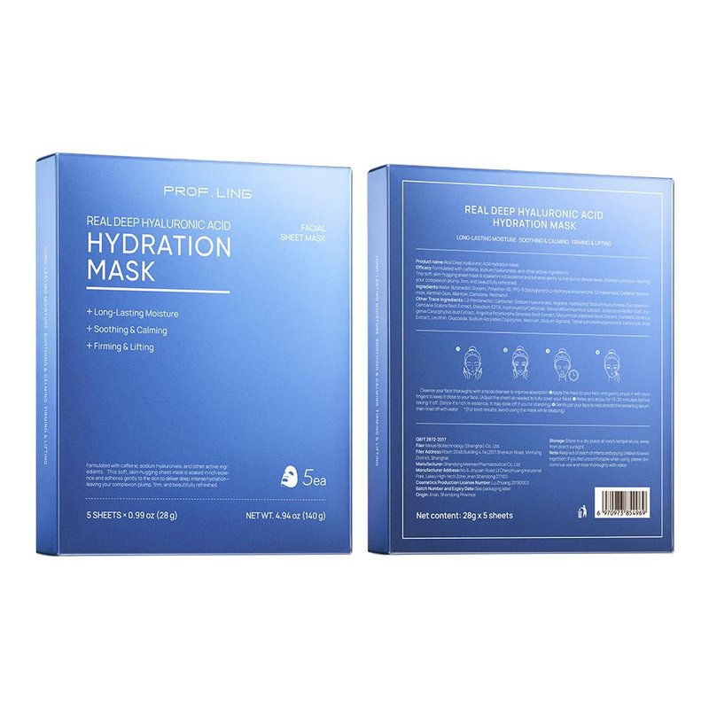 PROF.LING Real Deep Hyaluronic Acid Face Mask, Deep Hydrating & Moisturizing Sheet Mask for Dry, Dehydrated & Sensitive Skin, Intensive Moisture Care, Korean Skincare, 28g x 5 ea