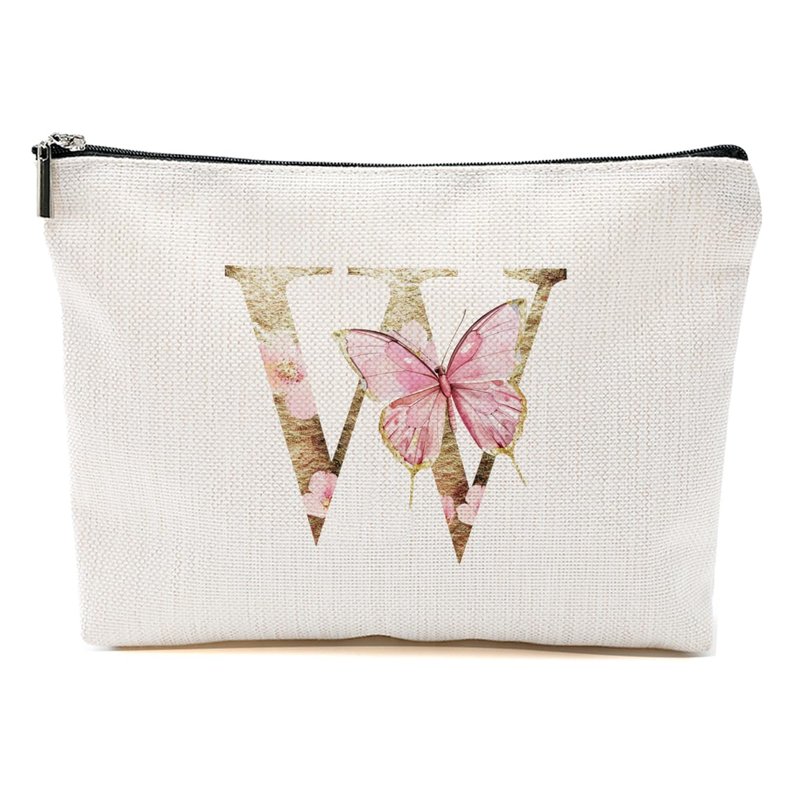 Initial Makeup Bag Pink Butterfly W Personalized Cosmetic Bag Monogrammed Gifts for Women Girls Mama Bridesmaid Monogram Zipper Pouch for Friendship Mothers Day Birthday Wedding Bridal Shower Gifts