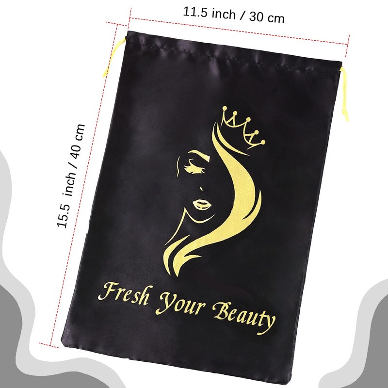 AIHOPESTO Silk Satin Pouches with Drawstring - Soft Hair Packaging Bags for Bundles, Wigs, Tools & Salon Use (6 PCS Black)