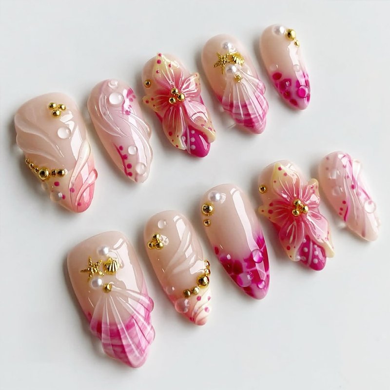Skiennix French Tip Press-On Nails - Almond Shape with 3D Floral Seashell Design | 24 Reusable Acrylic Nails for Women