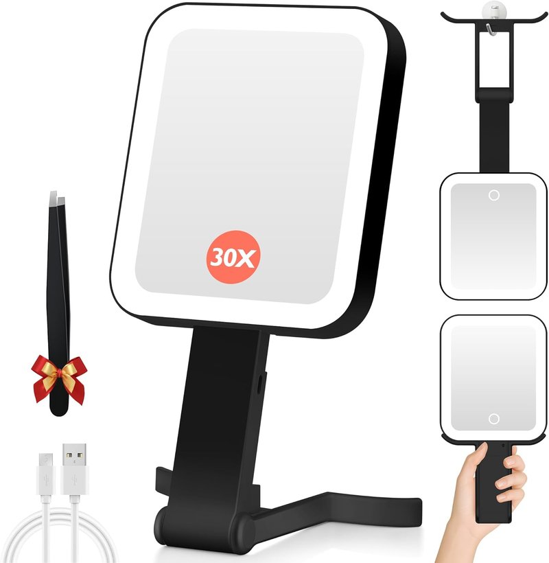 Magnifying Travel Mirror with Light - 30X/1X Double-Sided, Adjustable Brightness, Foldable Design for Makeup | Portable for Travel & Desktop Use